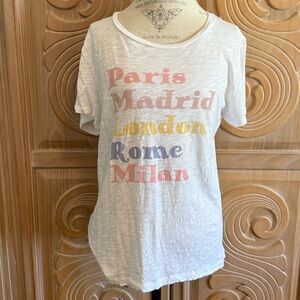 White Graphic Tee with Colorful City Names Size Large